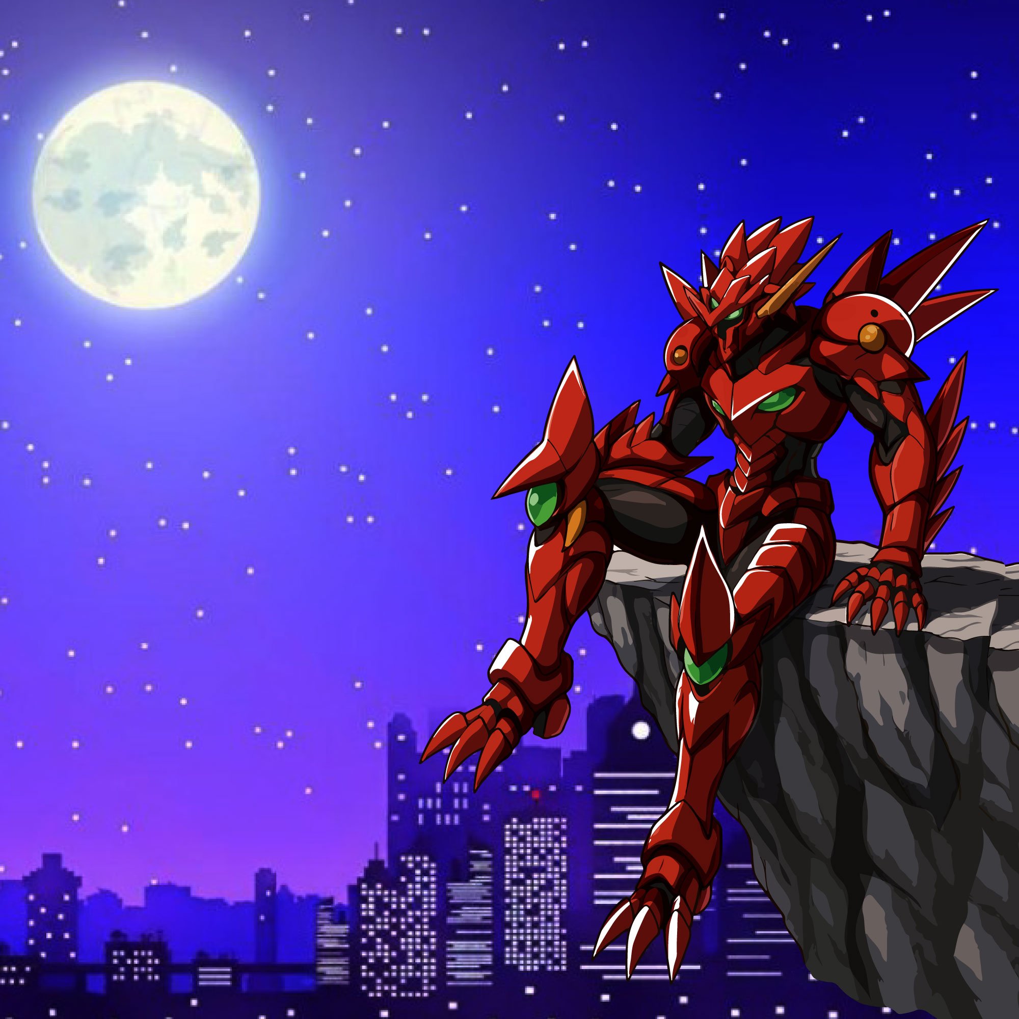Crimson Sentinel — Mecha concept art cityscape